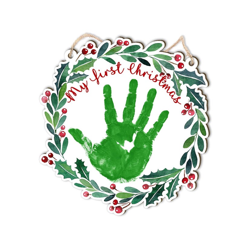 BEETHIS DIY Baby's First Christmas Handprint Wood Hanging Door Wall Sign Decor, Holy Round Sign, My First Holiday Milestone Signs, Baby's First 2025 Announcement, Newborn Baby Keepsake Gift (Ink Not Included) - Image 1